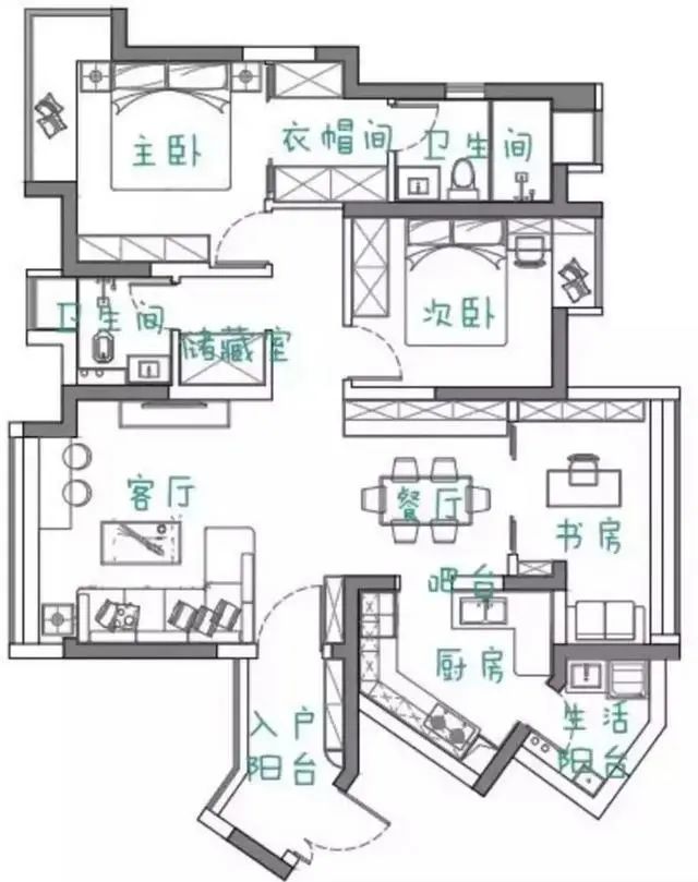 126 平三居室混搭装修，入户花园漂亮，电视背景墙加装收纳柜实用